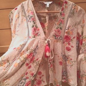 Sheer Floral Overlay top with Tassel Tie size M 8-10